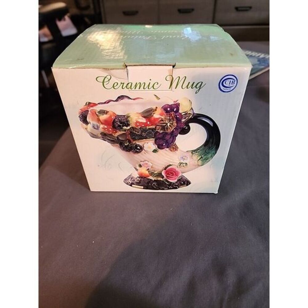 VINTAGE HAND PAINTED CERAMIC MUG PITCHER FRUIT AND FLOWERS DESIGN NIB